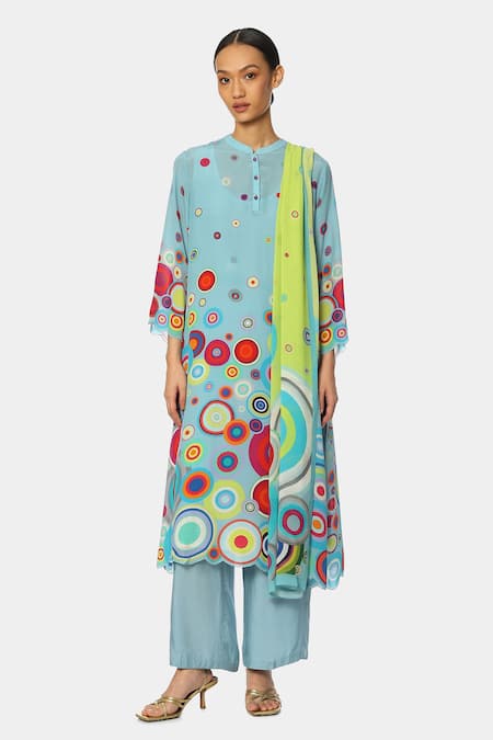 Satya Paul Blue Crepe Geometric Mandarin Collar Pattern Kurta And Pant Set