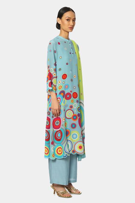 Satya Paul_Blue Crepe Geometric Mandarin Collar Pattern Kurta And Pant Set _Online_at_Aza_Fashions