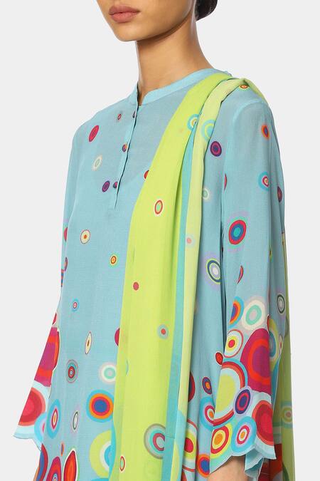 Buy_Satya Paul_Blue Crepe Geometric Mandarin Collar Pattern Kurta And Pant Set _Online_at_Aza_Fashions