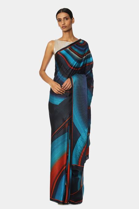 Satya Paul Blue Satin Georgette Printed Saree with Blouse piece :  Amazon.in: Fashion
