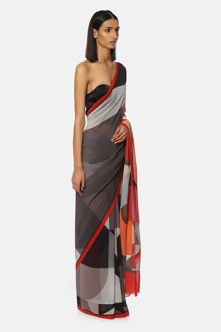 Satya Paul_Multi Color Georgette Satin Geo Embellished Saree_Online_at_Aza_Fashions