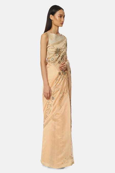 Satya Paul_Peach Chanderi Silk Embroidered Saree _Online_at_Aza_Fashions