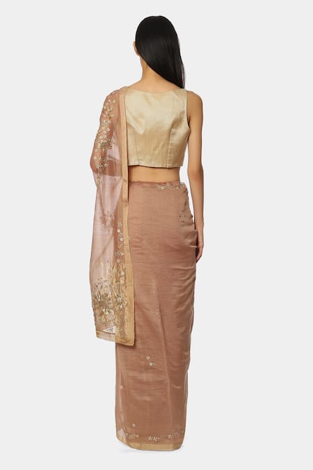 Shop_Satya Paul_Beige Chanderi Silk Embroidered Floral Saree _at_Aza_Fashions