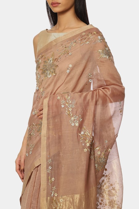 Buy_Satya Paul_Beige Chanderi Silk Embroidered Floral Saree _Online_at_Aza_Fashions