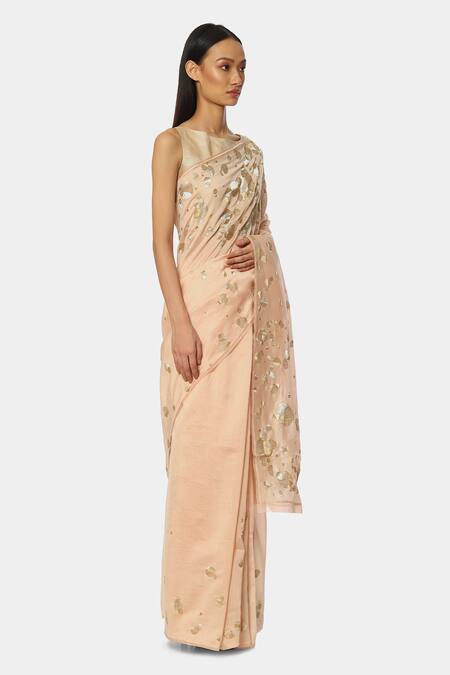 Satya Paul_Peach Chanderi Silk Geometric Embroidered Saree_Online_at_Aza_Fashions
