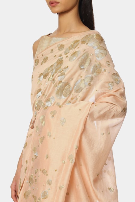 Buy_Satya Paul_Peach Chanderi Silk Geometric Embroidered Saree_Online_at_Aza_Fashions