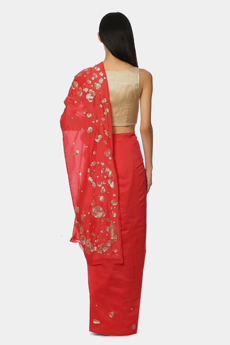 Shop Satya Paul Red Chanderi Geometric Embroidered Saree at Aza Fashions Shop_Satya Paul_Red Chanderi Geometric Embroidered Saree _at_Aza_Fashions