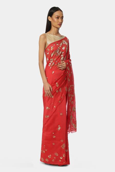 Satya Paul Red Chanderi Geometric Embroidered Saree Online at Aza Fashions Satya Paul_Red Chanderi Geometric Embroidered Saree _Online_at_Aza_Fashions