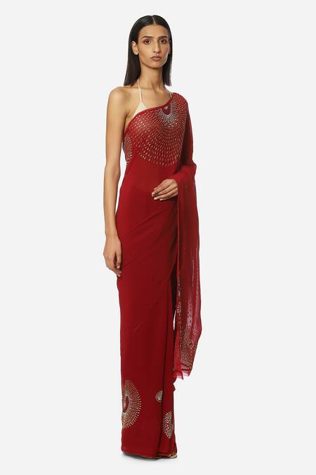 Satya Paul_Red Viscose Georgette Geometric Embroidered Saree _Online_at_Aza_Fashions