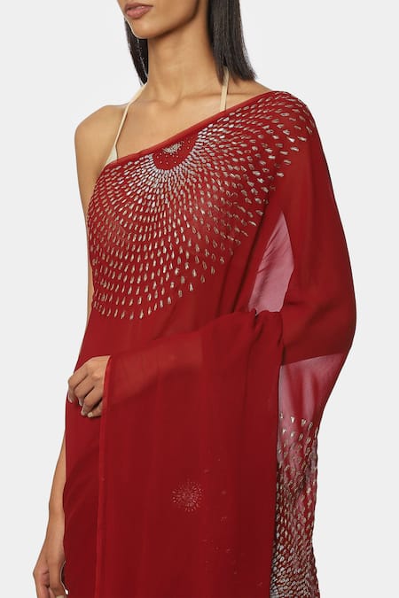 Buy_Satya Paul_Red Viscose Georgette Geometric Embroidered Saree _Online_at_Aza_Fashions