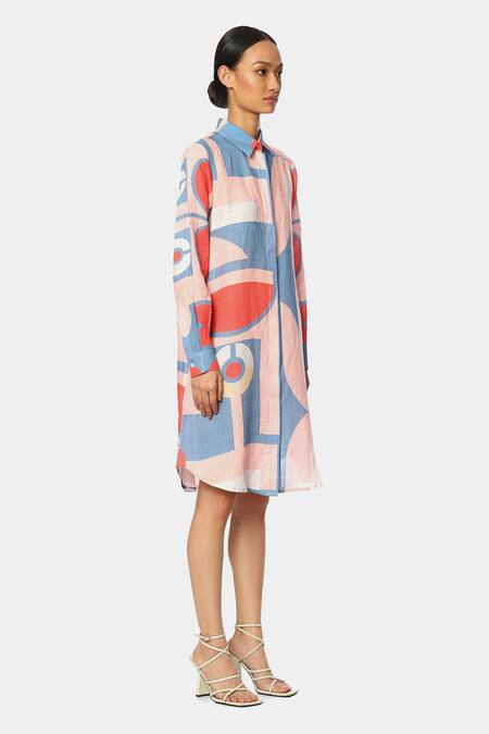 Satya Paul_Red Linen Geometric Shirt Collar Colaba Pattern Tunic_Online_at_Aza_Fashions