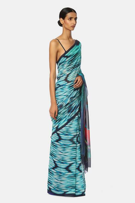 Satya Paul_Blue Georgette Peacock Printed Saree_Online_at_Aza_Fashions