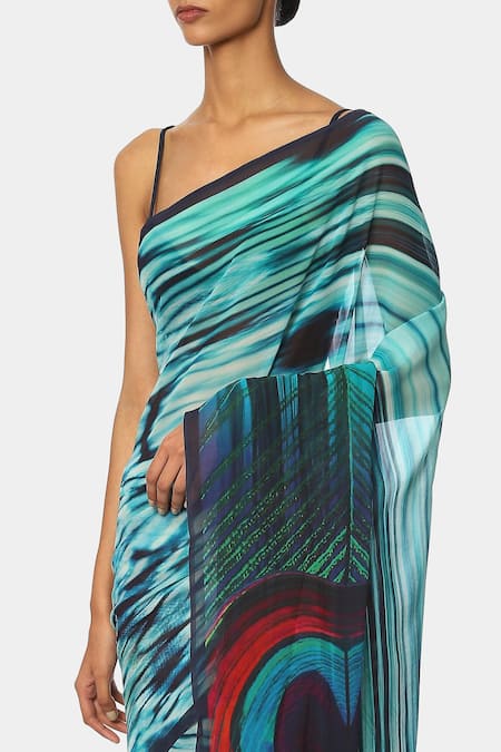 Buy_Satya Paul_Blue Georgette Peacock Printed Saree_Online_at_Aza_Fashions