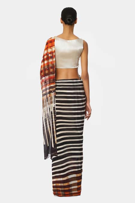 Shop Satya Paul Multi Color Georgette Satin Checks And Balances Embellished Saree at Aza Fashions Shop_Satya Paul_Multi Color Georgette Satin Checks And Balances Embellished Saree _at_Aza_Fashions