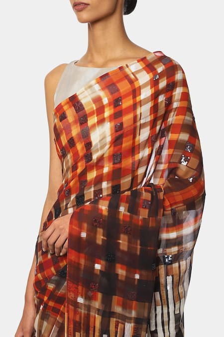 Buy Satya Paul Multi Color Georgette Satin Checks And Balances Embellished Saree Online at Aza Fashions Buy_Satya Paul_Multi Color Georgette Satin Checks And Balances Embellished Saree _Online_at_Aza_Fashions