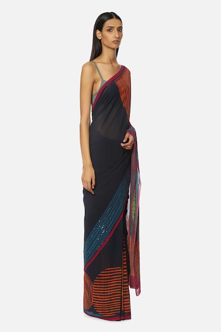 Satya Paul Blue Georgette Satin Sequin Embroidery Line Play Embellished Saree Online at Aza Fashions Satya Paul_Blue Georgette Satin Sequin Embroidery Line Play Embellished Saree _Online_at_Aza_Fashions