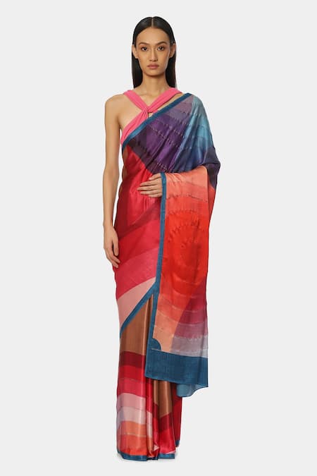 Satya Paul Multi Color Georgette Satin Embellished Geometric Elements Colorblock Saree 