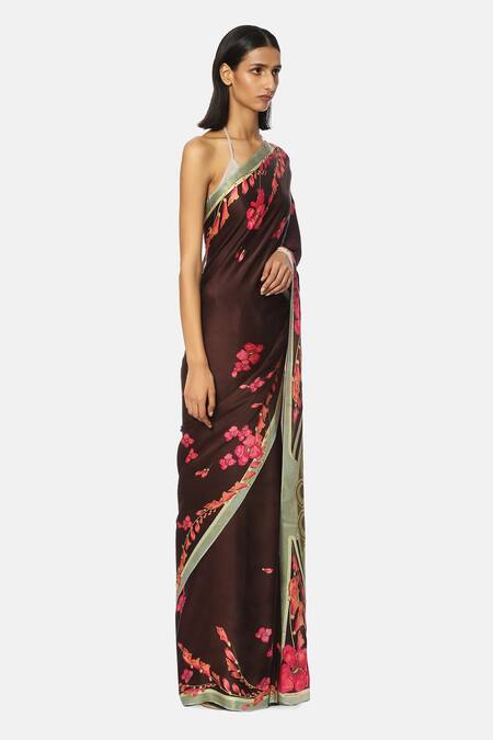 Satya Paul_Brown Georgette Satin Floral Pattern Embellished Saree _Online_at_Aza_Fashions