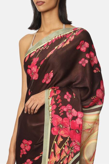 Buy_Satya Paul_Brown Georgette Satin Floral Pattern Embellished Saree _Online_at_Aza_Fashions