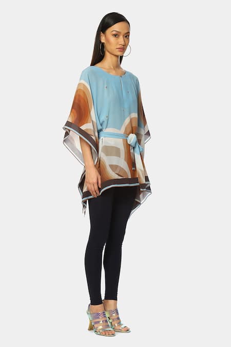 Satya Paul_Blue Crepe Abstract Keyhole Land Sea Flared Sleeve Kaftan Top_Online_at_Aza_Fashions