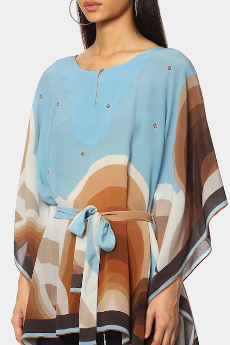 Buy_Satya Paul_Blue Crepe Abstract Keyhole Land Sea Flared Sleeve Kaftan Top_Online_at_Aza_Fashions