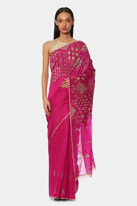 Satya Paul Fuchsia Chanderi Embroidered Floral Saree 