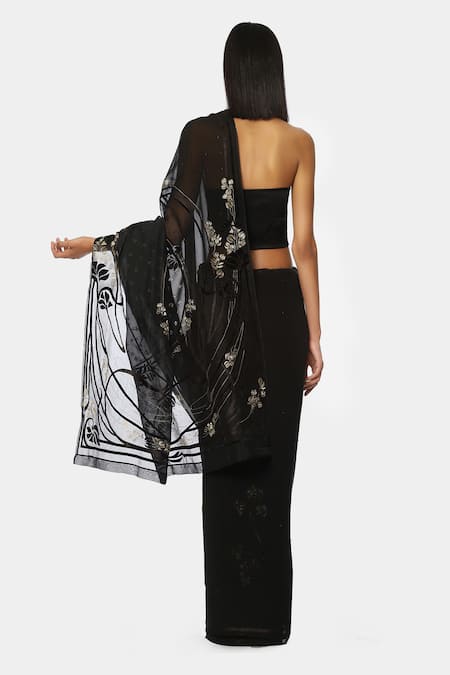 Shop Satya Paul Black Georgette Floral Embroidered Saree at Aza Fashions Shop_Satya Paul_Black Georgette Floral Embroidered Saree _at_Aza_Fashions