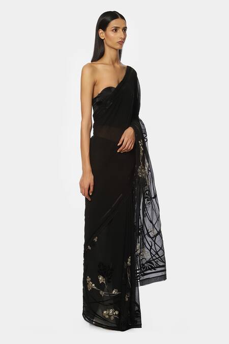 Satya Paul Black Georgette Floral Embroidered Saree Online at Aza Fashions Satya Paul_Black Georgette Floral Embroidered Saree _Online_at_Aza_Fashions