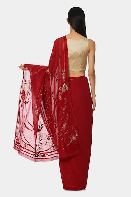 Shop Satya Paul Red Georgette Floral Embroidered Saree at Aza Fashions Shop_Satya Paul_Red Georgette Floral Embroidered Saree _at_Aza_Fashions