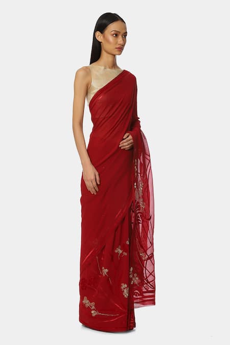 Satya Paul Red Georgette Floral Embroidered Saree Online at Aza Fashions Satya Paul_Red Georgette Floral Embroidered Saree _Online_at_Aza_Fashions