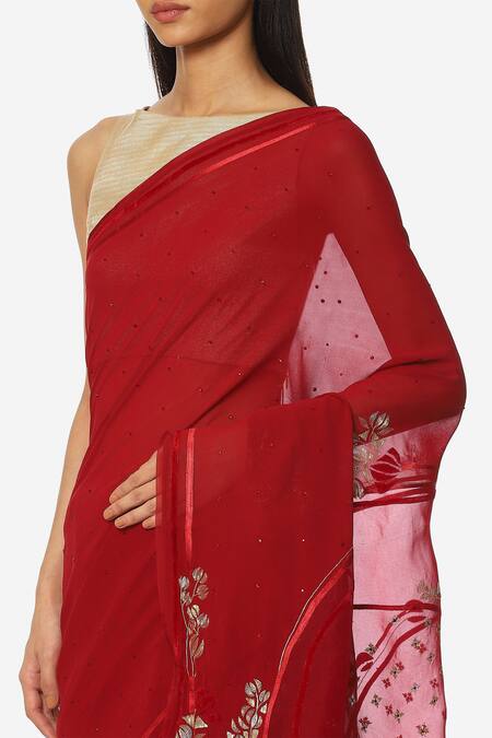 Buy Satya Paul Red Georgette Floral Embroidered Saree Online at Aza Fashions Buy_Satya Paul_Red Georgette Floral Embroidered Saree _Online_at_Aza_Fashions