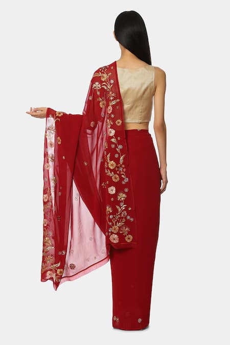 Shop Satya Paul Red Georgette Floral Embroidered Saree at Aza Fashions Shop_Satya Paul_Red Georgette Floral Embroidered Saree _at_Aza_Fashions