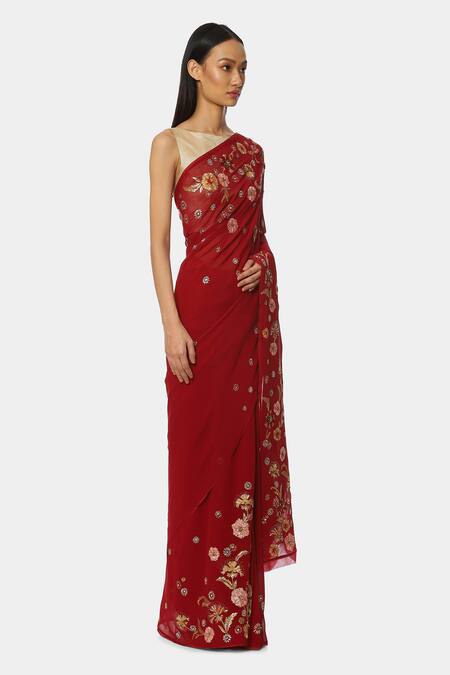 Satya Paul Red Georgette Floral Embroidered Saree Online at Aza Fashions Satya Paul_Red Georgette Floral Embroidered Saree _Online_at_Aza_Fashions