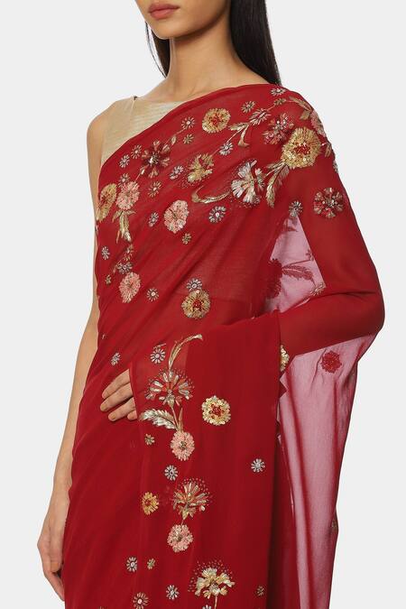 Buy Satya Paul Red Georgette Floral Embroidered Saree Online at Aza Fashions Buy_Satya Paul_Red Georgette Floral Embroidered Saree _Online_at_Aza_Fashions