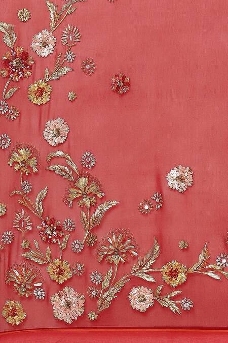 Shop Satya Paul Red Georgette Floral Embroidered Saree Online at Aza Fashions Shop_Satya Paul_Red Georgette Floral Embroidered Saree _Online_at_Aza_Fashions