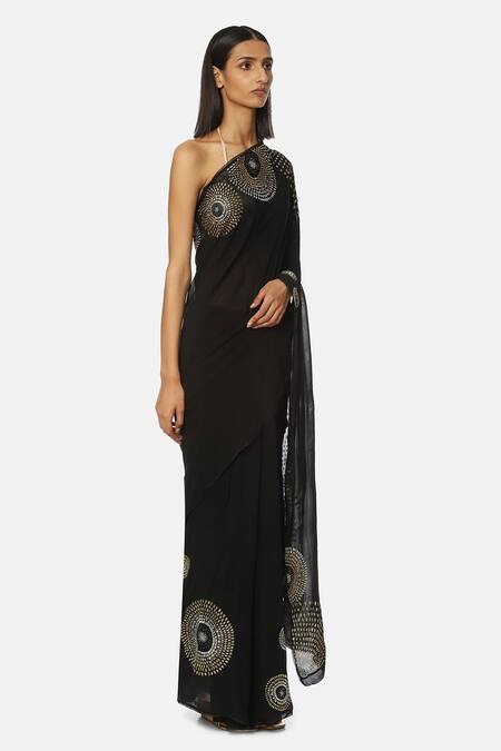Satya Paul_Black Georgette Floral Embroidered Saree_Online_at_Aza_Fashions