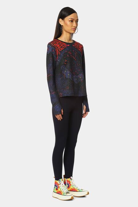 Satya Paul_Blue Scuba Round Future Bird Printed Top _Online_at_Aza_Fashions