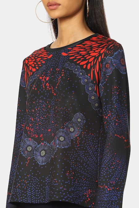 Buy_Satya Paul_Blue Scuba Round Future Bird Printed Top _Online_at_Aza_Fashions