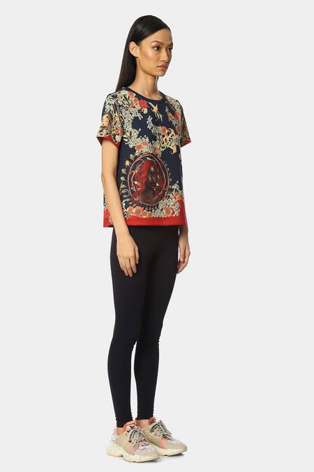 Satya Paul_Blue Scuba Printed Art Deco Round Club Top_Online_at_Aza_Fashions