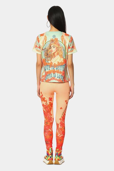 Shop Satya Paul Green Scuba Printed Typography Round Love Paul Top at Aza Fashions Shop_Satya Paul_Green Scuba Printed Typography Round Love Paul Top_at_Aza_Fashions