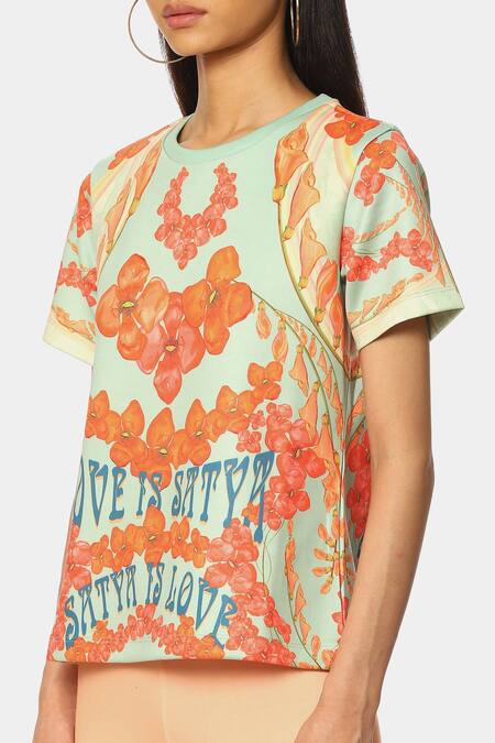 Buy Satya Paul Green Scuba Printed Typography Round Love Paul Top Online at Aza Fashions Buy_Satya Paul_Green Scuba Printed Typography Round Love Paul Top_Online_at_Aza_Fashions