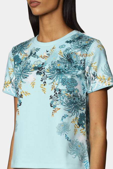 Buy Satya Paul Blue Scuba Printed Floral Round Gym Top Online at Aza Fashions Buy_Satya Paul_Blue Scuba Printed Floral Round Gym Top_Online_at_Aza_Fashions