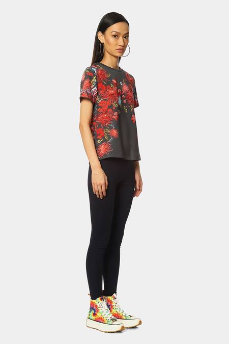 Satya Paul_Grey Scuba Printed Floral Round Trippy Top_Online_at_Aza_Fashions