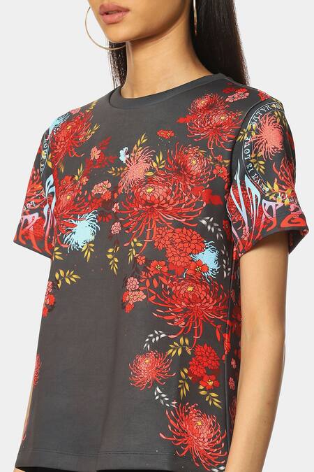Buy_Satya Paul_Grey Scuba Printed Floral Round Trippy Top_Online_at_Aza_Fashions