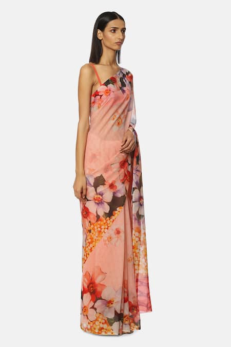 Satya Paul_Pink Chiffon Floral Print Saree_Online_at_Aza_Fashions