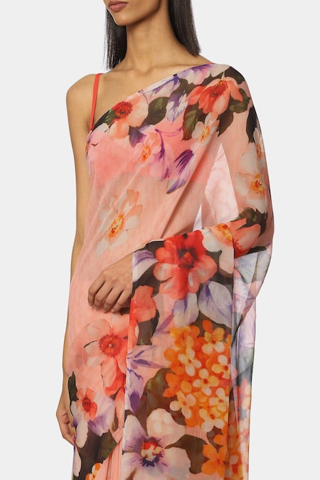 Buy_Satya Paul_Pink Chiffon Floral Print Saree_Online_at_Aza_Fashions