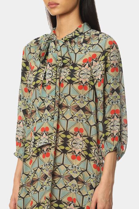 Shop_Satya Paul_Blue Pure Crepe Art Deco Tie-up Transition Printed Dress _Online_at_Aza_Fashions