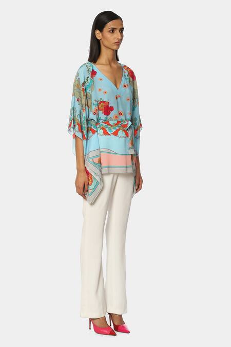 Satya Paul Blue Crepe Floral V Neck Manilla Print Kaftan Top Online at Aza Fashions Satya Paul_Blue Crepe Floral V Neck Manilla Print Kaftan Top _Online_at_Aza_Fashions