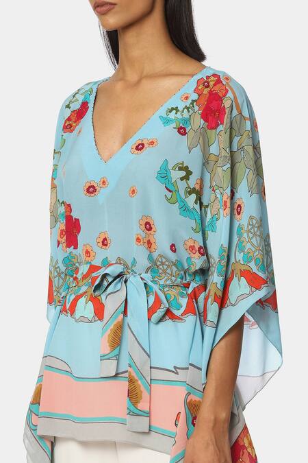 Buy Satya Paul Blue Crepe Floral V Neck Manilla Print Kaftan Top Online at Aza Fashions Buy_Satya Paul_Blue Crepe Floral V Neck Manilla Print Kaftan Top _Online_at_Aza_Fashions