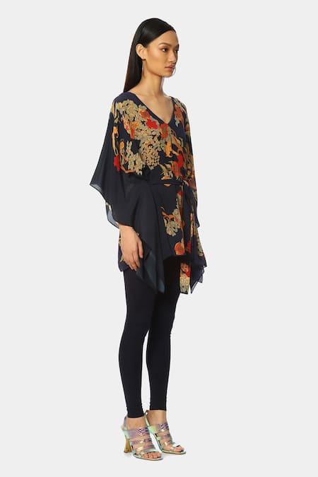 Satya Paul_Green Crepe Floral Pattern V Neck The Thailand Kaftan Top_Online_at_Aza_Fashions